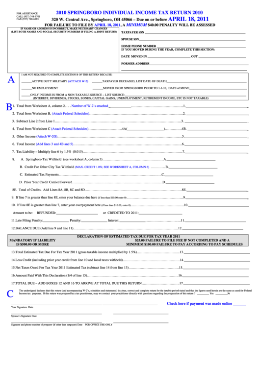 Springboro Individual Income Tax Return - 2010 Printable pdf