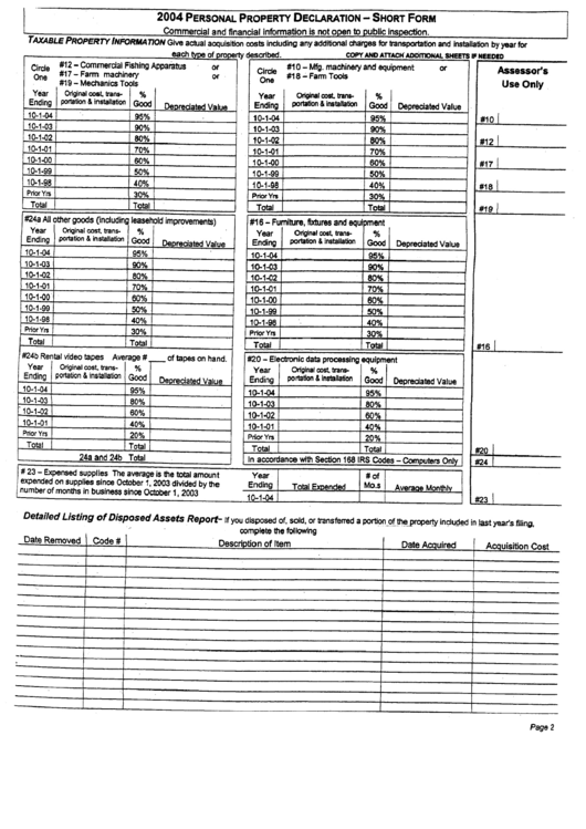 Personal Property Declaration - Short Form - 2003 Printable pdf