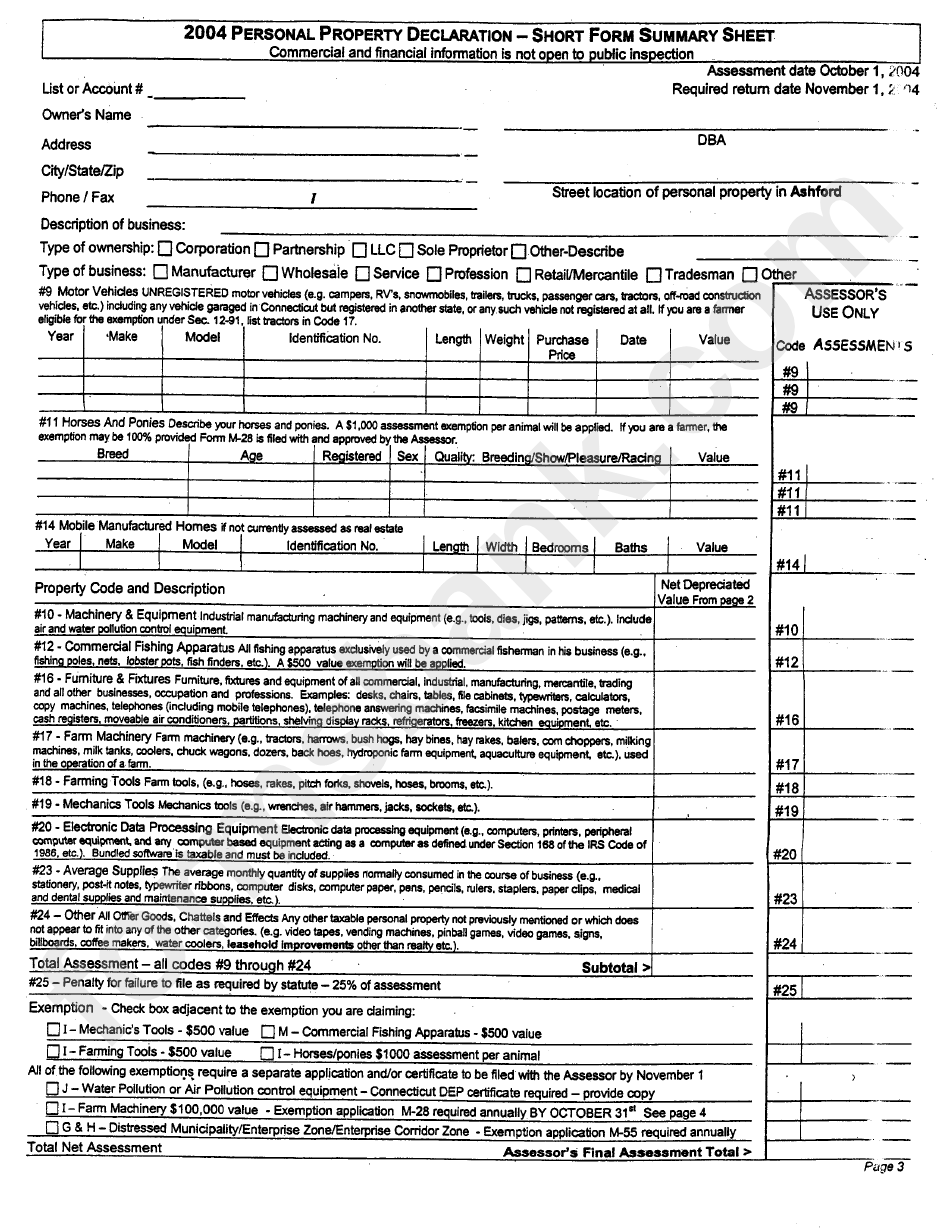 Personal Property Declaration - Short Form - 2003