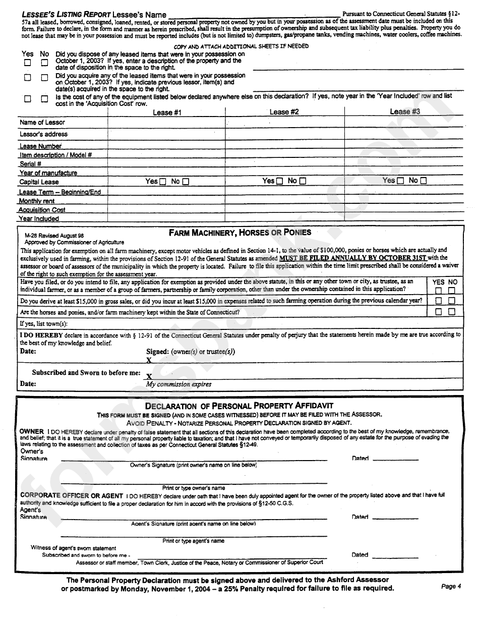 Personal Property Declaration - Short Form - 2003