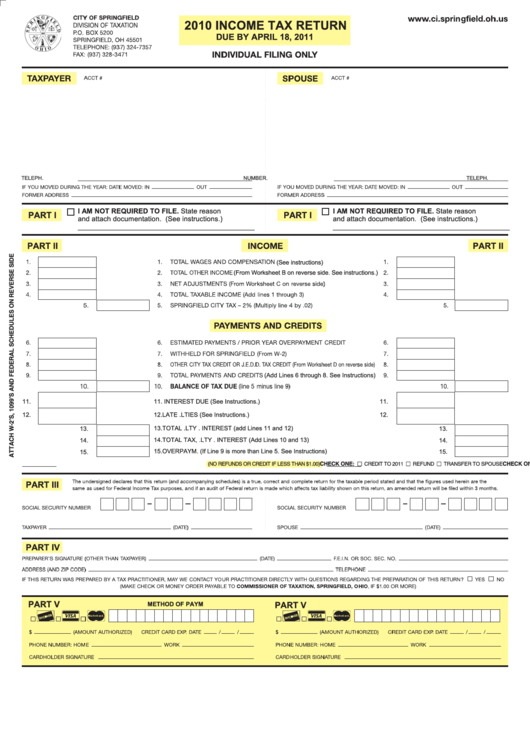 Income Tax Return Form - City Of Springfield - 2010 Printable pdf
