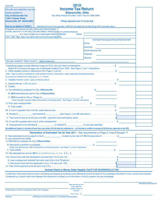 Form Ir - Income Tax Return - Sharonville - 2010 Printable pdf