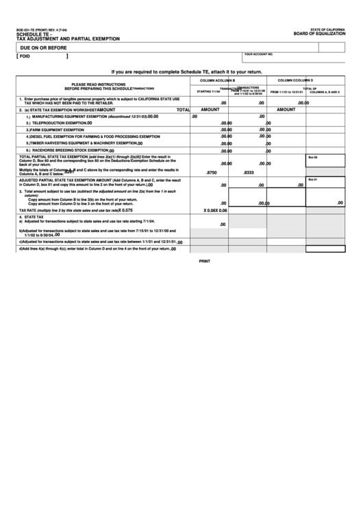 Fillable Form Boe-531-Te - Schedule Te - Tax Adjustment And Partial Exemption - 2004 Printable pdf