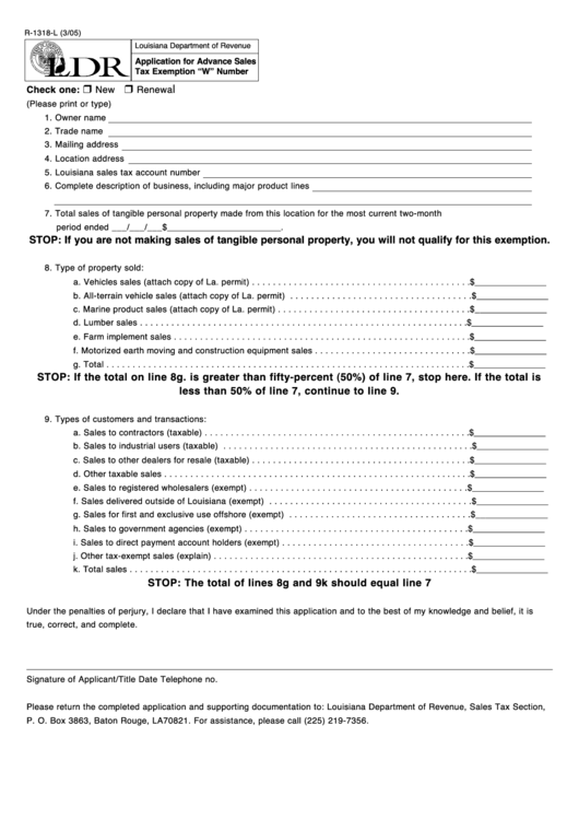 Fillable Form R-1318-L - Application For Advance Sales Tax Exemption "W" Number Printable pdf
