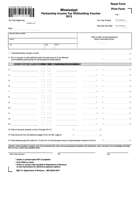 Fillable Form 84-387-13-8-1-000 - Partnership Income Tax Withholding Voucher - 2013 Printable pdf