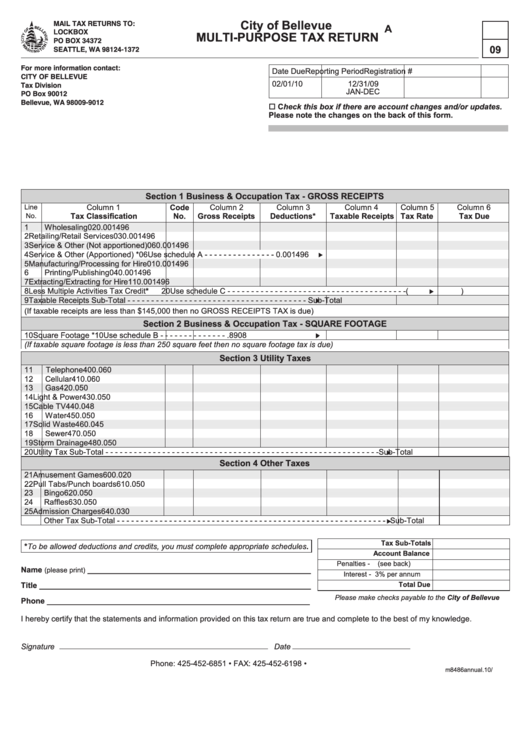 Annual Multi-Purpose Tax Return - City Of Bellevue - 2009 Printable pdf