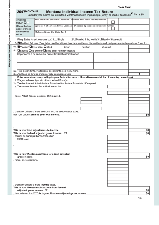 Fillable Form 2m - Montana Individual Income Tax Return - 2007 Printable pdf