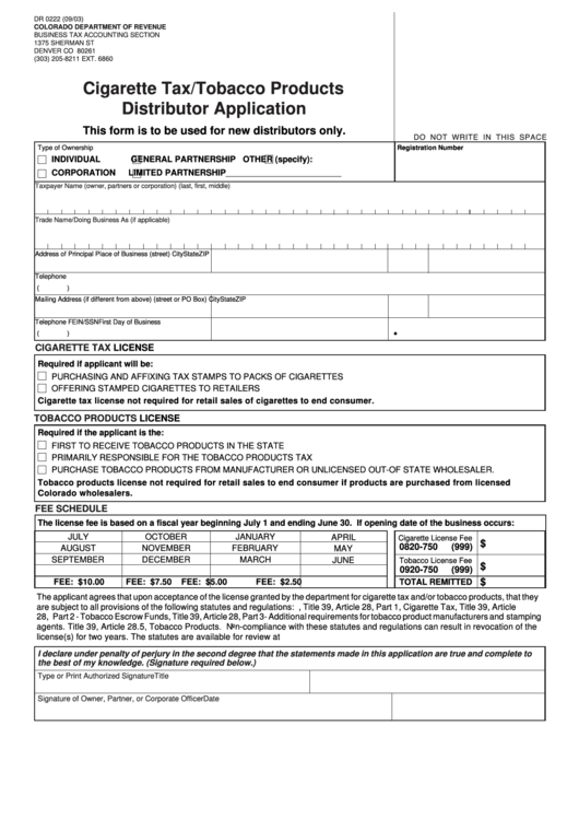 Form Dr 0222 - Cigarette Tax/tobacco Products Distributor Application - 2003 Printable pdf