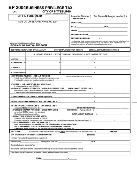 Form Bp - Business Privilege Tax - City Of Pittsburgh - 2004 Printable pdf