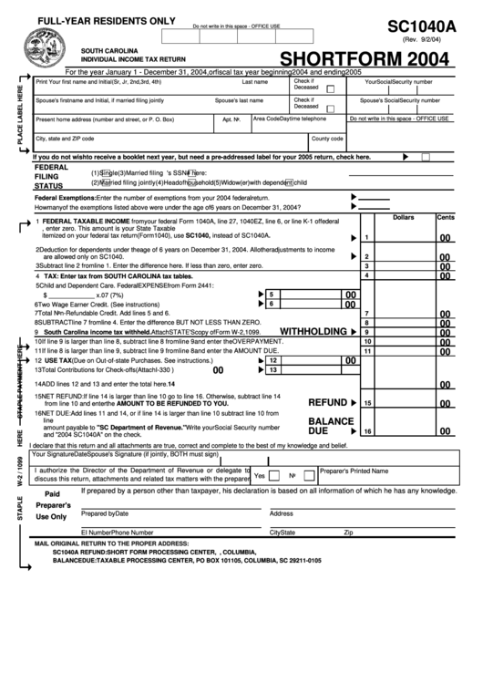 Form Sc1040a - Individual Income Tax Return - Short Form - 2004 Printable pdf