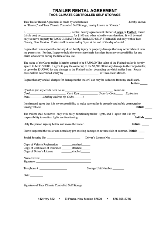 Trailer Rental Agreement Template - Taos Climate Controlled Self Storage Printable pdf