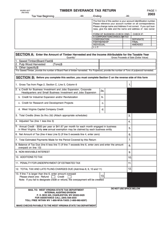 Form Wv/sev-401t - Timber Severance Tax Return - 2003 Printable pdf