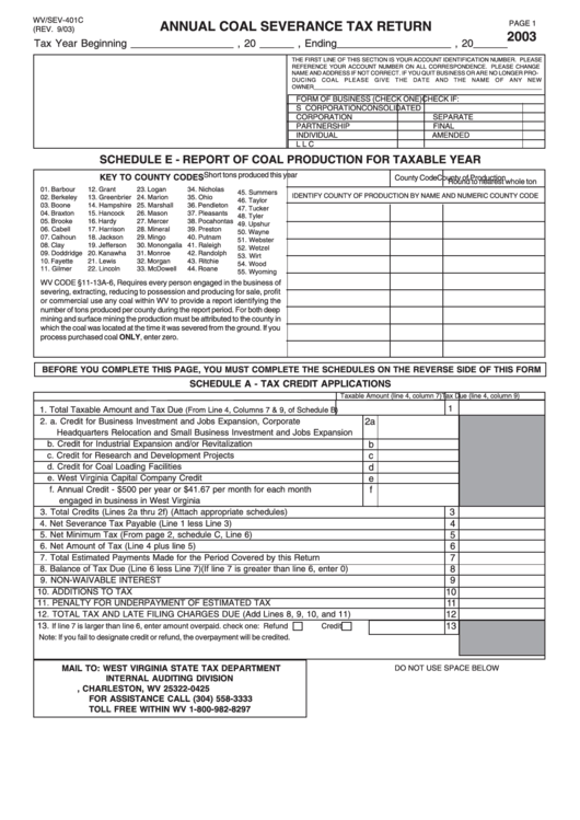 Form Wv/sev-401c - Annual Coal Severance Tax Return - 2003 Printable pdf