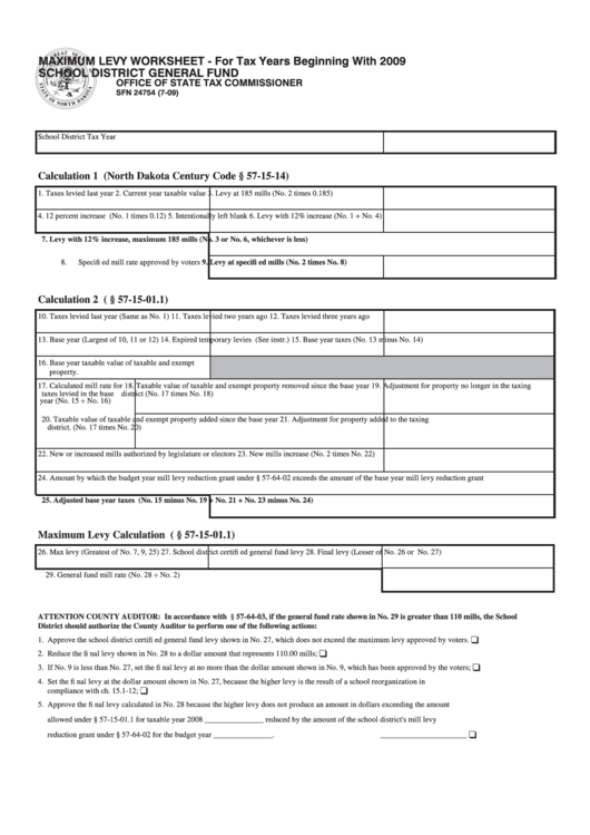 Fillable Form Sfn 24754 - Maximum Levy Worksheet - For Tax Years Beginning With 2009 Printable pdf