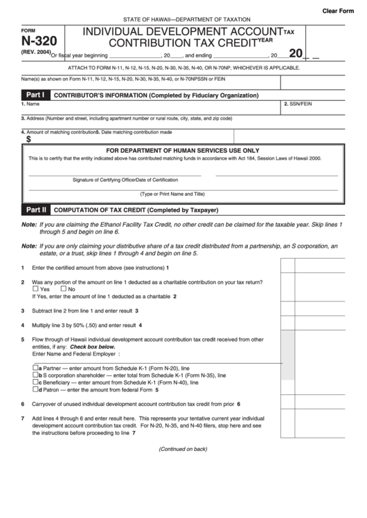 Fillable Form N-320 - Individual Development Account Contribution Tax Credit - 2004 Printable pdf