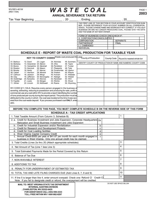 Form Wv/sev-401w - Annual Severance Tax Return - 2003 Printable pdf