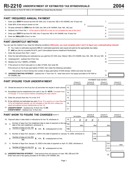 Form Ri-2210 - Underpayment Of Estimated Tax By Individuals - 2004 Printable pdf