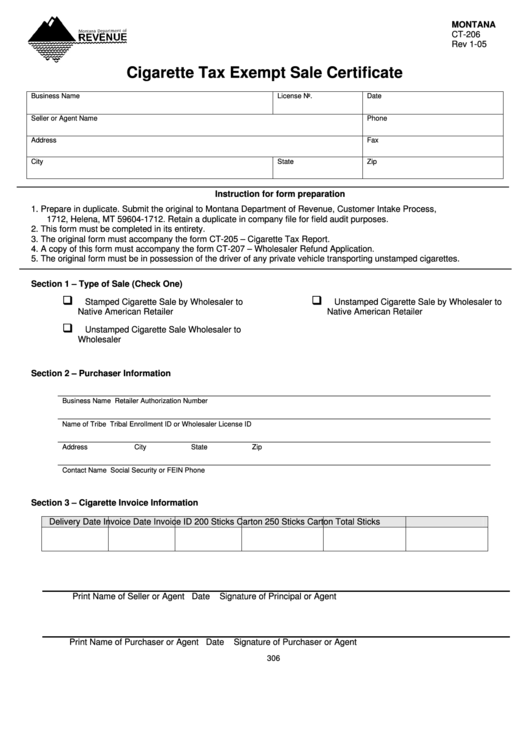 Form Ct-206 - Cigarette Tax Exempt Sale Certificate - 2005 Printable pdf