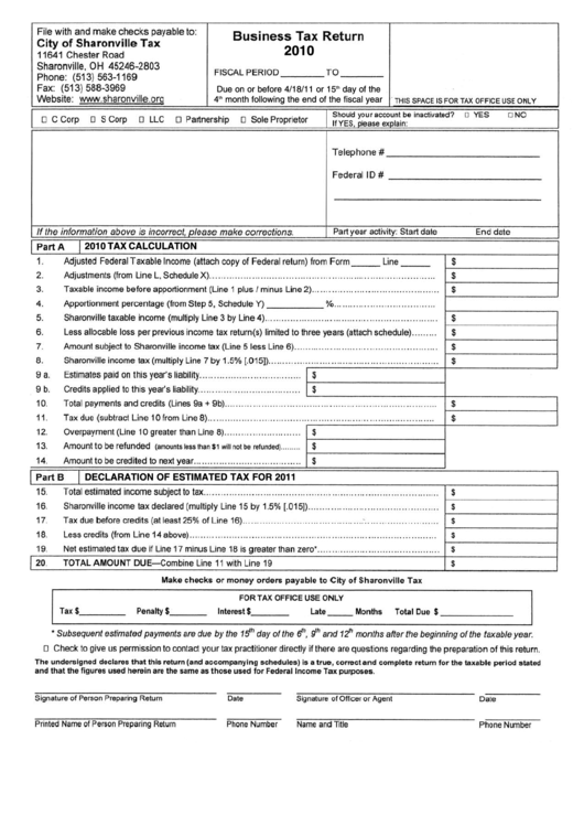 Business Tax Return Form - City Of Sharonville Tax - 2010 Printable pdf