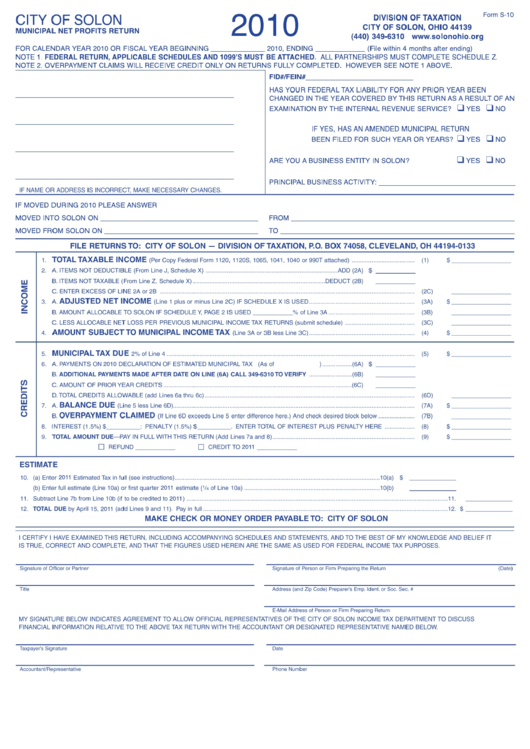 Form S-10 - Municipal Net Profits Return - City Of Solon - 2010 Printable pdf