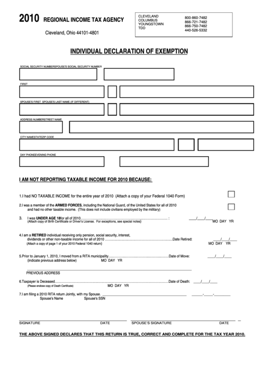 Individual Declaration Of Exemption - Cleveland, Ohio - 2010 Printable pdf