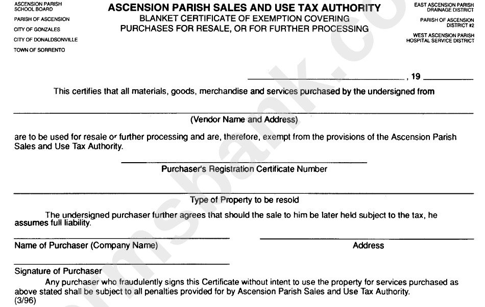 Blanket Certificate Of Exemption Covering Purchases For Resale, Or For Further Processing Form - Ascension Parish Sales And Use Tax Authority