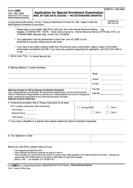 Fillable Form 2587 - Application For Special Enrollment Examination - Department Of The Treasury - 2005 Printable pdf