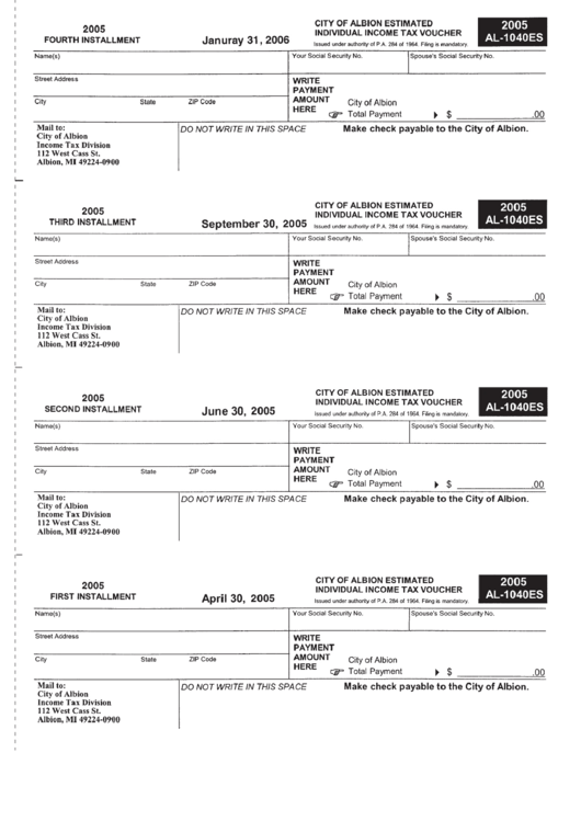 Form Al-1040es - City Of Albion Estimated Individual Income Tax Voucher - 2005 Printable pdf