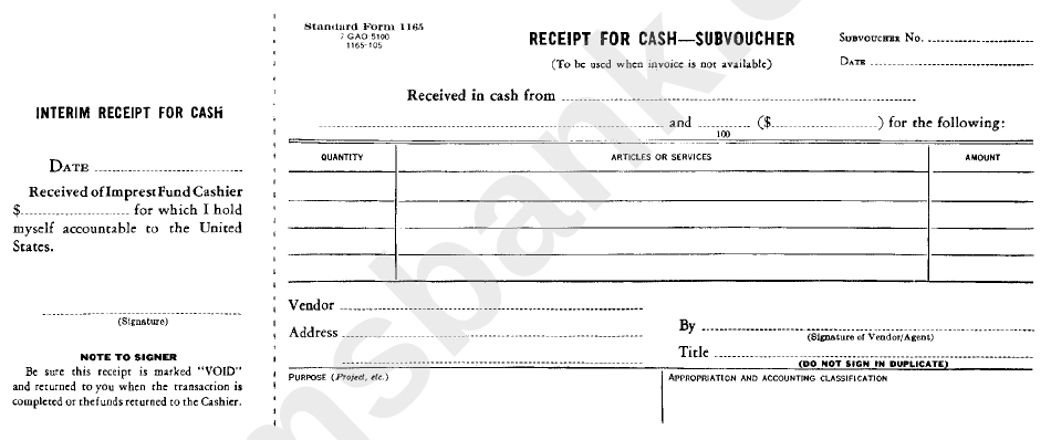 Standard Form 1165 - Receipt For Cash-Subvoucher