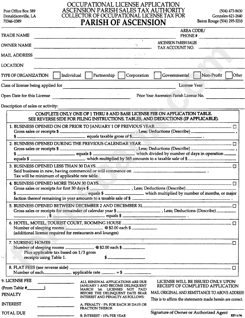 Occupational License Application Form - Ascension Parish Sales Tax Authority