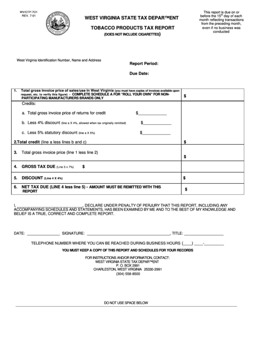 Form Wv/otp-7o1 - Tobacco Products Tax Report - 2001 Printable pdf