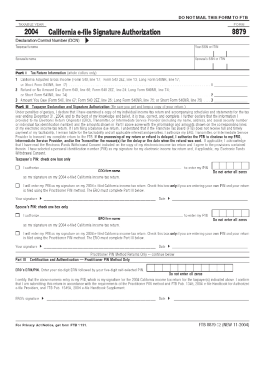 Form 8879 - California E-File Signature Authorization - 2004 Printable pdf