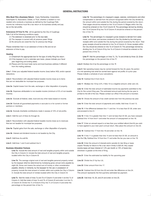 Business Return Form - General Instructions - City Of Cuyahoga Falls - 2009 Printable pdf