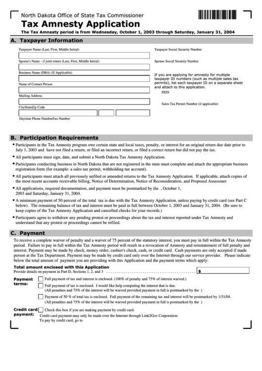 Fillable Tax Amnesty Application Form - 2003 Printable pdf