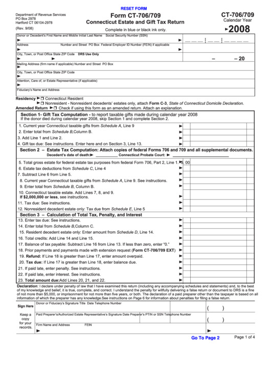 Fillable Form Ct-706/709 - Connecticut Estate And Gift Tax Return - 2008 Printable pdf