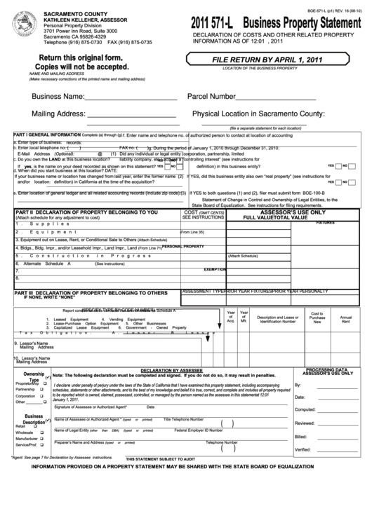 Fillable Form Boe-571-L - Business Property Statement - 2011 Printable pdf