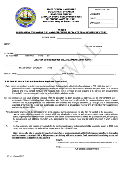 Form Rt 111 - Application For Motor Fuel And Petroleum Products Transporter
