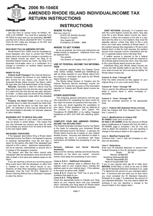 Form 2006 Ri-1040x - Amended Rhode Island Individual Income Tax Return Instructions - Rhose Island Printable pdf