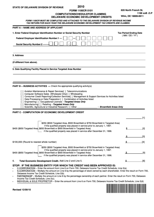 Fillable Form 1100cr 0101 - Computation Schedule For Claiming Delaware Economic Development Credits - 2010 Printable pdf