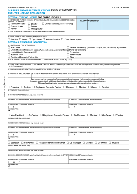 Fillable Form Boe-400-Fco - Supplier And/or Ultimate Vendor Fuel Tax License Application - Board Of Equalization - California Printable pdf