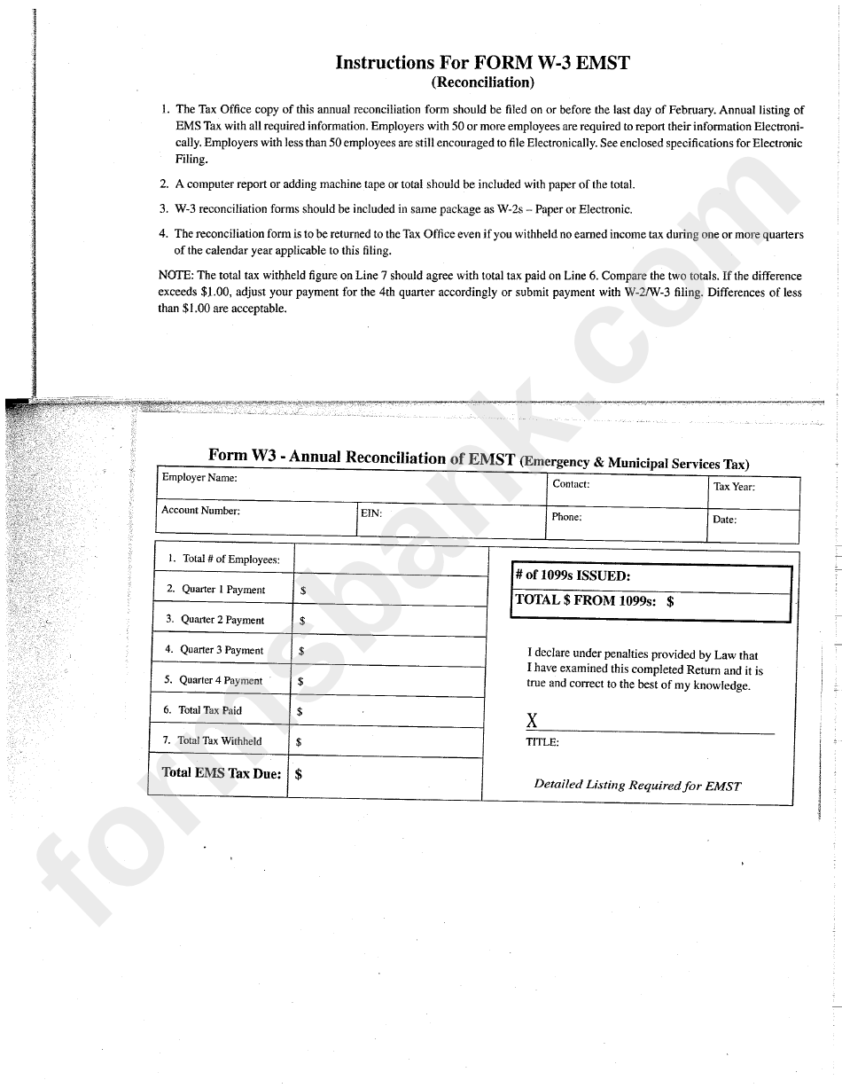 Form W3 - Annual Reconciliation Of Emst