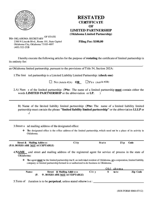 Fillable Form 0068 - Restated Certificate Of Limited Partnership - 2012 Printable pdf