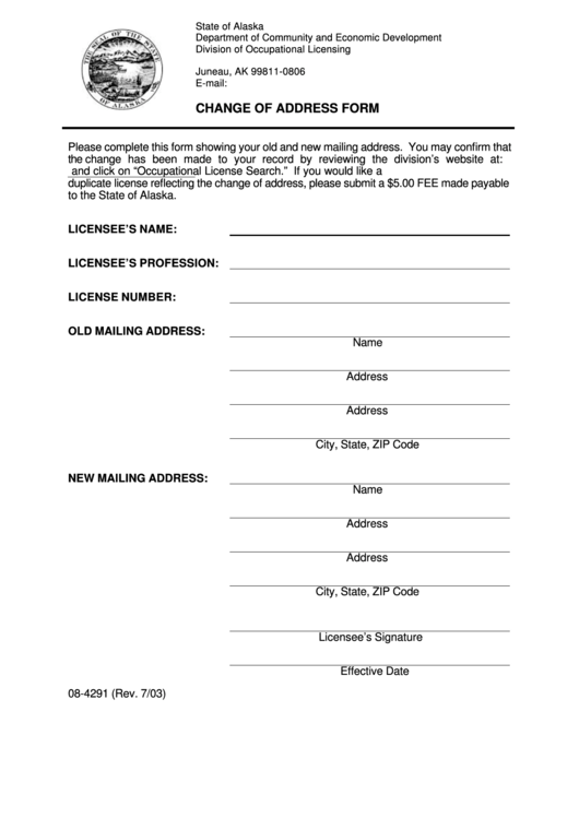 Change Of Address Form - 2003 Printable pdf
