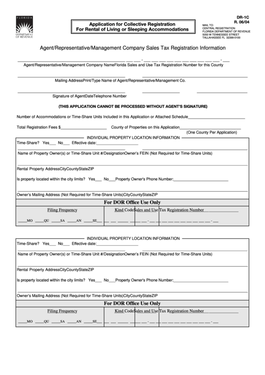 Form Dr-1c - Application For Collective Registration For Rental Of Living Or Sleeping Accommodations Printable pdf