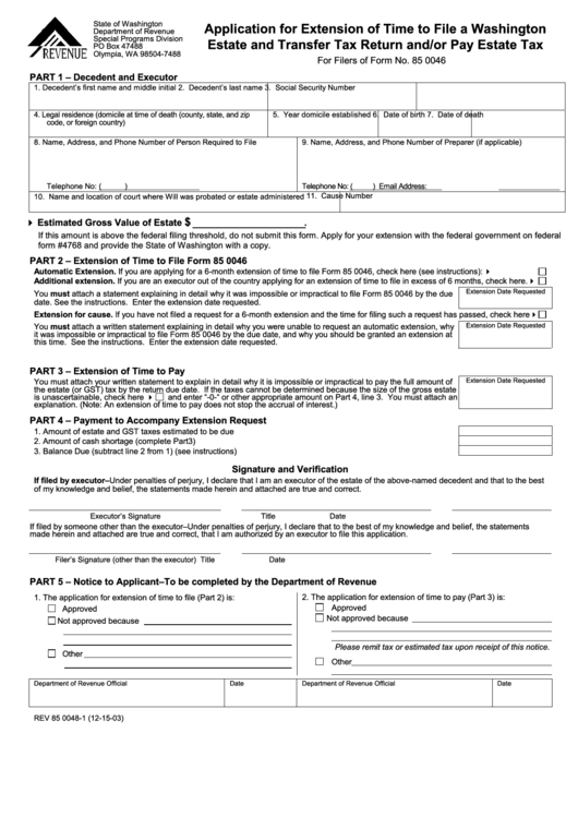 Form Rev 85 0048-1 - Application For Extension Of Time To File A Washington Estate And Transfer Tax Return Printable pdf