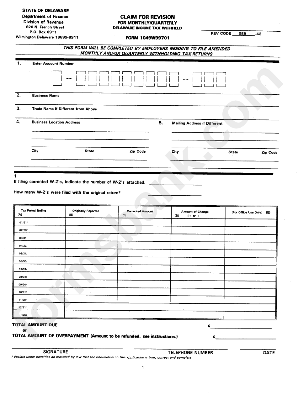 Form 1049w99701 - Claim For Revision For Monthly/quarterly Delaware Income Tax Withheld