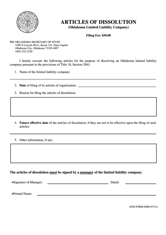 Fillable Form 0080 - Articles Of Dissolution - 2012 Printable pdf
