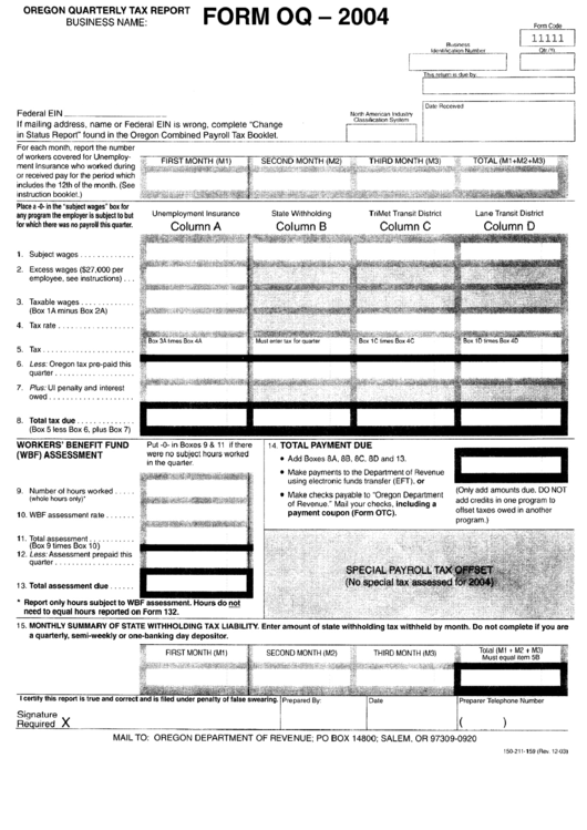 Form Oq - Oregon Quarterly Tax Report - 2004 Printable pdf