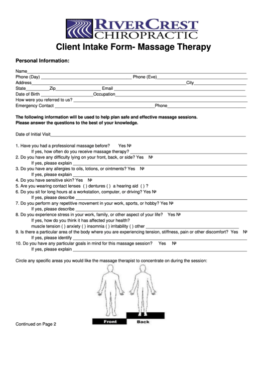Client Intake Form Massage Therapy Printable Pdf Download