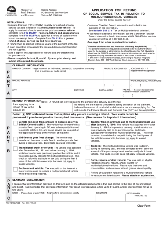 Fillable Form Fin 413/mjv - Application For Refund Of Social Service Tax In Relation To Multijurisdictional Vehicles - 2005 Printable pdf